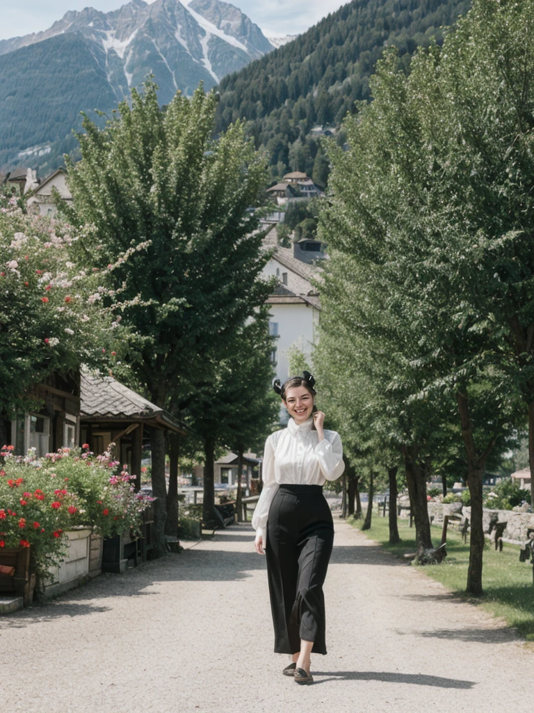 her name is Amelie, high quality, 1girl, ((25-year-old fit Caucasian woman)), ((25 years old)), ((BODY TYPE: HOURGLASS)), ((Space Buns HAIR)), SMILING, pose: STANDING, wearing IN DEMAND FANCY Generation-Z modern wear VARIETY colored, BACKGROUND: "Strolling through the idyllic lakeside village with its picturesque alpine backdrop and charming historic houses."