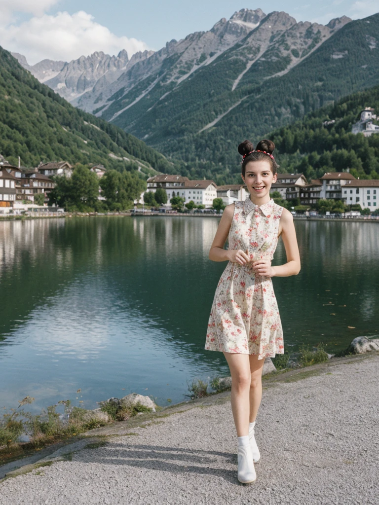 her name is Amelie, high quality, 1girl, ((25-year-old fit Caucasian woman)), ((25 years old)), ((BODY TYPE: HOURGLASS)), ((Space Buns HAIR)), SMILING, pose: STANDING, wearing IN DEMAND FANCY Generation-Z modern wear VARIETY colored, BACKGROUND: "Strolling through the idyllic lakeside village with its picturesque alpine backdrop and charming historic houses."