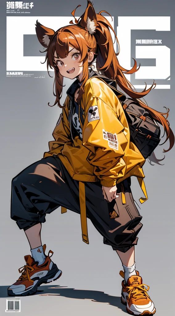 A character based on a chestnut boar, サイバーパンク, Wearing big sneakers, Magazine Cover, Simple Background, crouch start, Boar ears, long hair, ponytail, crazy, tsurime, crazy eyes, clenched teeth, projected inset, UHD, best quality, highres, 8k