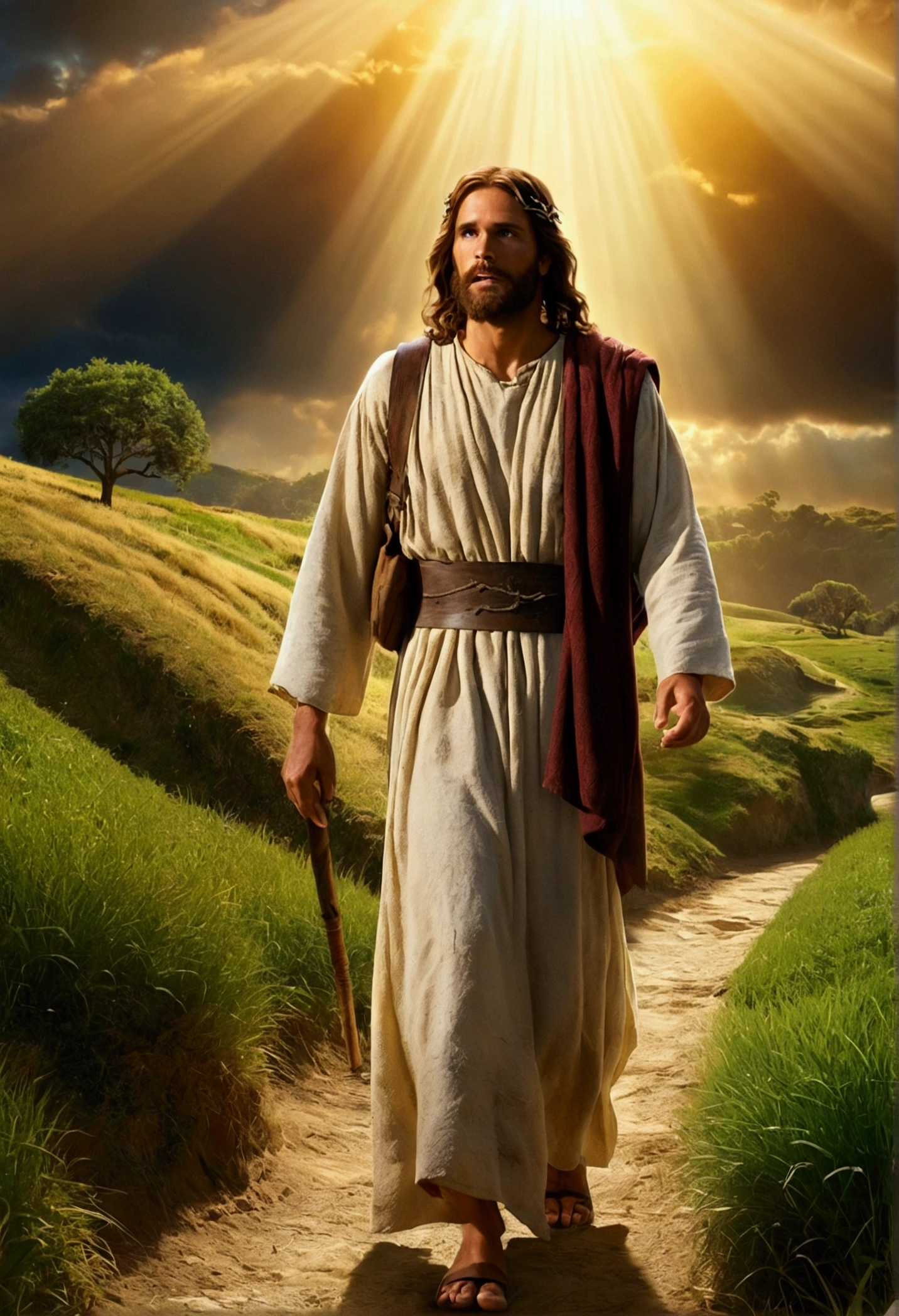 Jesus caminando en un sendero de pasto, Jesus caminando agarrando a un niño, Jesus, the lord and savior, biblical image, bright light masterpiece, 4k post, 4k post, epic biblical representation, beautiful image ever created, Greg Olsen, beautiful representation, 368k movie, ! holding in your hand ! showing the back, biblical epic movie, Young God Almighty