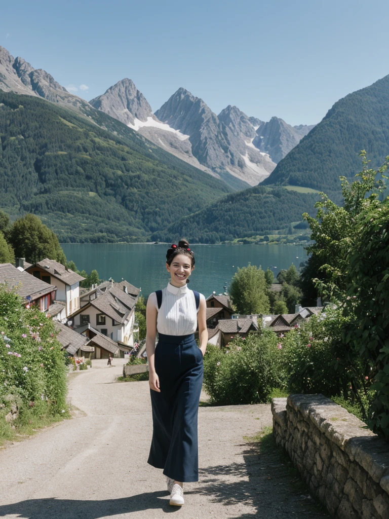 her name is Amelie, high quality, 1girl, ((25-year-old fit Caucasian woman)), ((25 years old)), ((BODY TYPE: HOURGLASS)), ((Space Buns HAIR)), SMILING, pose: STANDING, wearing IN DEMAND FANCY Generation-Z modern wear VARIETY colored, BACKGROUND: "Strolling through the idyllic lakeside village with its picturesque alpine backdrop and charming historic houses."