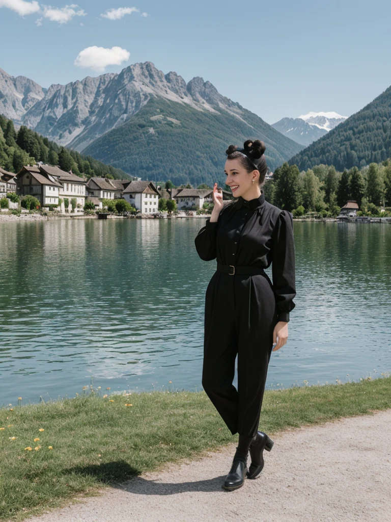 her name is Amelie, high quality, 1girl, ((25-year-old fit Caucasian woman)), ((25 years old)), ((BODY TYPE: HOURGLASS)), ((Space Buns HAIR)), SMILING, pose: STANDING, wearing IN DEMAND FANCY Generation-Z modern wear VARIETY colored, BACKGROUND: "Strolling through the idyllic lakeside village with its picturesque alpine backdrop and charming historic houses."