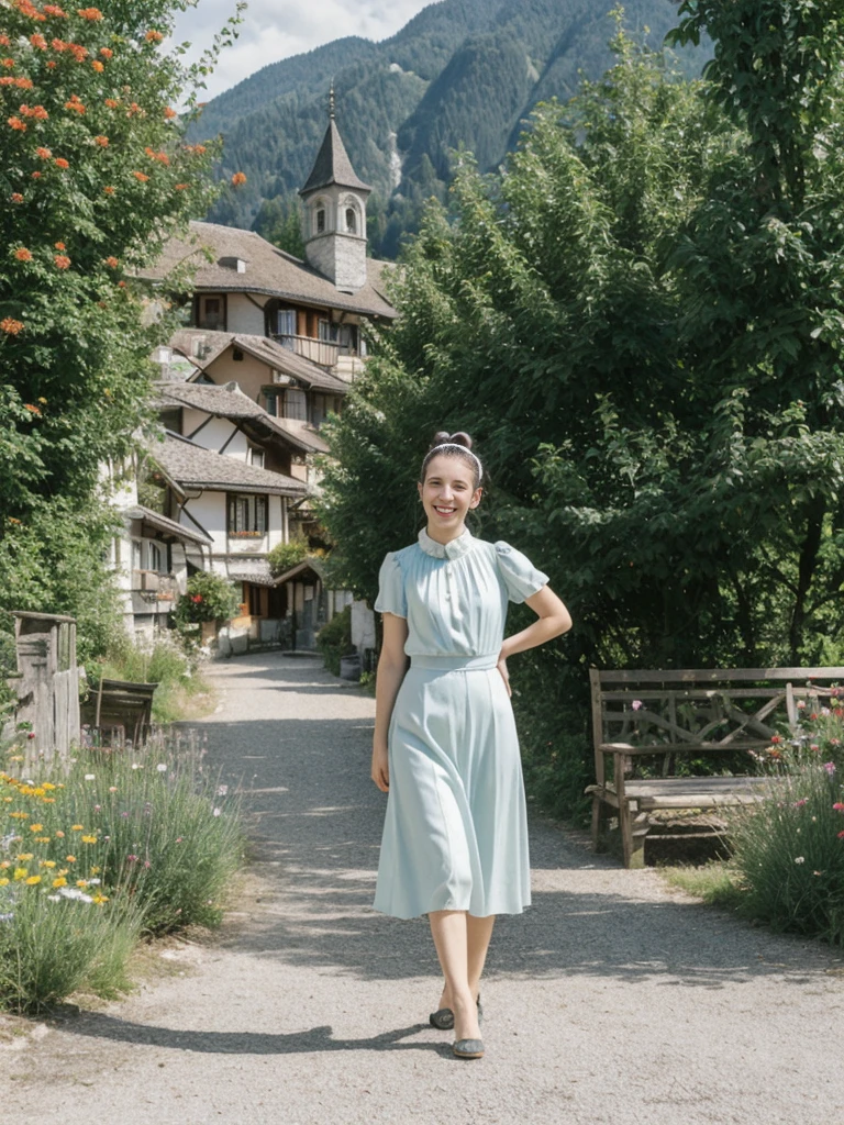 her name is Amelie, high quality, 1girl, ((25-year-old fit Caucasian woman)), ((25 years old)), ((BODY TYPE: HOURGLASS)), ((Space Buns HAIR)), SMILING, pose: STANDING, wearing IN DEMAND FANCY Generation-Z modern wear VARIETY colored, BACKGROUND: "Strolling through the idyllic lakeside village with its picturesque alpine backdrop and charming historic houses."