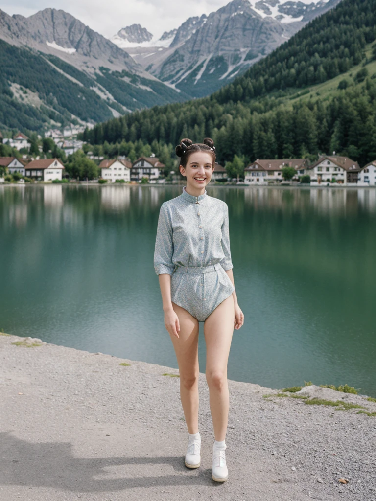 her name is Amelie, high quality, 1girl, ((25-year-old fit Caucasian woman)), ((25 years old)), ((BODY TYPE: HOURGLASS)), ((Space Buns HAIR)), SMILING, pose: STANDING, wearing IN DEMAND FANCY Generation-Z modern wear VARIETY colored, BACKGROUND: "Strolling through the idyllic lakeside village with its picturesque alpine backdrop and charming historic houses."
