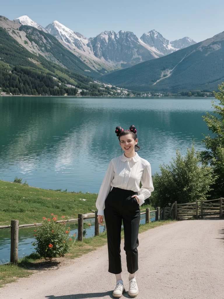 her name is Amelie, high quality, 1girl, ((25-year-old fit Caucasian woman)), ((25 years old)), ((BODY TYPE: HOURGLASS)), ((Space Buns HAIR)), SMILING, pose: STANDING, wearing IN DEMAND FANCY Generation-Z modern wear VARIETY colored, BACKGROUND: "Strolling through the idyllic lakeside village with its picturesque alpine backdrop and charming historic houses."