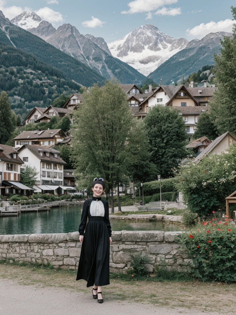 her name is Amelie, high quality, 1girl, ((25-year-old fit Caucasian woman)), ((25 years old)), ((BODY TYPE: HOURGLASS)), ((Space Buns HAIR)), SMILING, pose: STANDING, wearing IN DEMAND FANCY Generation-Z modern wear VARIETY colored, BACKGROUND: "Strolling through the idyllic lakeside village with its picturesque alpine backdrop and charming historic houses."
