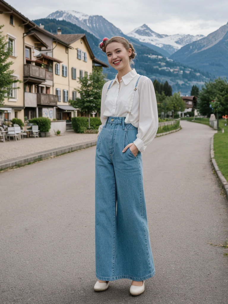 her name is Amelie, high quality, 1girl, ((25-year-old fit Caucasian woman)), ((25 years old)), ((BODY TYPE: HOURGLASS)), ((Space Buns HAIR)), SMILING, pose: STANDING, wearing IN DEMAND FANCY Generation-Z modern wear VARIETY colored, BACKGROUND: "Strolling through the idyllic lakeside village with its picturesque alpine backdrop and charming historic houses."