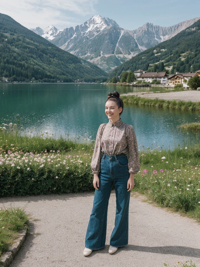 her name is Amelie, high quality, 1girl, ((25-year-old fit Caucasian woman)), ((25 years old)), ((BODY TYPE: HOURGLASS)), ((Space Buns HAIR)), SMILING, pose: STANDING, wearing IN DEMAND FANCY Generation-Z modern wear VARIETY colored, BACKGROUND: "Strolling through the idyllic lakeside village with its picturesque alpine backdrop and charming historic houses."