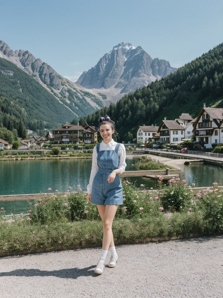 her name is Amelie, high quality, 1girl, ((25-year-old fit Caucasian woman)), ((25 years old)), ((BODY TYPE: HOURGLASS)), ((Space Buns HAIR)), SMILING, pose: STANDING, wearing IN DEMAND FANCY Generation-Z modern wear VARIETY colored, BACKGROUND: "Strolling through the idyllic lakeside village with its picturesque alpine backdrop and charming historic houses."