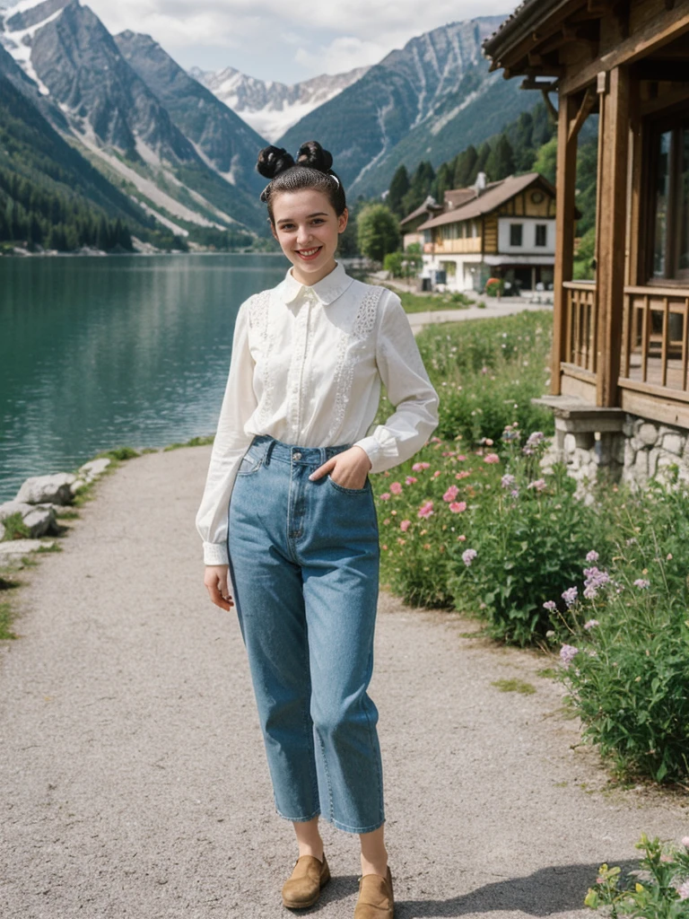 her name is Amelie, high quality, 1girl, ((25-year-old fit Caucasian woman)), ((25 years old)), ((BODY TYPE: HOURGLASS)), ((Space Buns HAIR)), SMILING, pose: STANDING, wearing IN DEMAND FANCY Generation-Z modern wear VARIETY colored, BACKGROUND: "Strolling through the idyllic lakeside village with its picturesque alpine backdrop and charming historic houses."