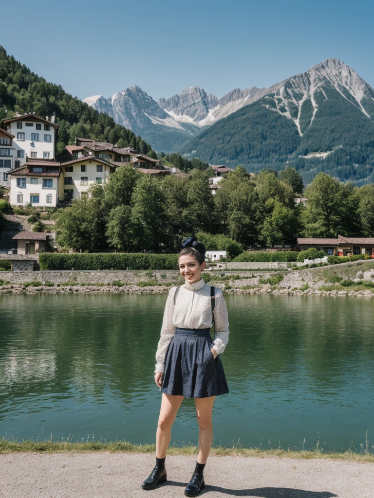 her name is Amelie, high quality, 1girl, ((25-year-old fit Caucasian woman)), ((25 years old)), ((BODY TYPE: HOURGLASS)), ((Space Buns HAIR)), SMILING, pose: STANDING, wearing IN DEMAND FANCY Generation-Z modern wear VARIETY colored, BACKGROUND: "Strolling through the idyllic lakeside village with its picturesque alpine backdrop and charming historic houses."