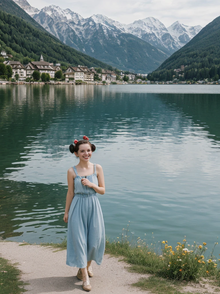 her name is Amelie, high quality, 1girl, ((25-year-old fit Caucasian woman)), ((25 years old)), ((BODY TYPE: HOURGLASS)), ((Space Buns HAIR)), SMILING, pose: STANDING, wearing IN DEMAND FANCY Generation-Z modern wear VARIETY colored, BACKGROUND: "Strolling through the idyllic lakeside village with its picturesque alpine backdrop and charming historic houses."