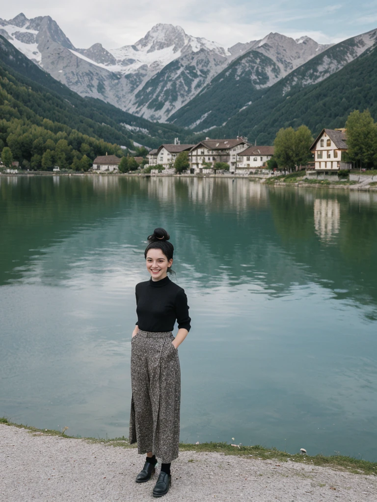 her name is Amelie, high quality, 1girl, ((25-year-old fit Caucasian woman)), ((25 years old)), ((BODY TYPE: HOURGLASS)), ((Space Buns HAIR)), SMILING, pose: STANDING, wearing IN DEMAND FANCY Generation-Z modern wear VARIETY colored, BACKGROUND: "Strolling through the idyllic lakeside village with its picturesque alpine backdrop and charming historic houses."