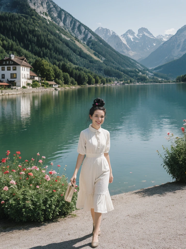 her name is Amelie, high quality, 1girl, ((25-year-old fit Caucasian woman)), ((25 years old)), ((BODY TYPE: HOURGLASS)), ((Space Buns HAIR)), SMILING, pose: STANDING, wearing IN DEMAND FANCY Generation-Z modern wear VARIETY colored, BACKGROUND: "Strolling through the idyllic lakeside village with its picturesque alpine backdrop and charming historic houses."