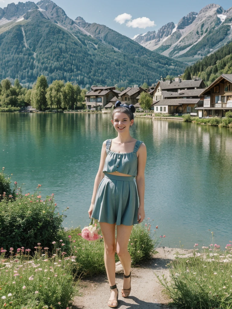 her name is Amelie, high quality, 1girl, ((25-year-old fit Caucasian woman)), ((25 years old)), ((BODY TYPE: HOURGLASS)), ((Space Buns HAIR)), SMILING, pose: STANDING, wearing IN DEMAND FANCY Generation-Z modern wear VARIETY colored, BACKGROUND: "Strolling through the idyllic lakeside village with its picturesque alpine backdrop and charming historic houses."