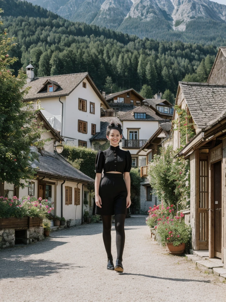 her name is Amelie, high quality, 1girl, ((25-year-old fit Caucasian woman)), ((25 years old)), ((BODY TYPE: HOURGLASS)), ((Space Buns HAIR)), SMILING, pose: STANDING, wearing IN DEMAND FANCY Generation-Z modern wear VARIETY colored, BACKGROUND: "Strolling through the idyllic lakeside village with its picturesque alpine backdrop and charming historic houses."
