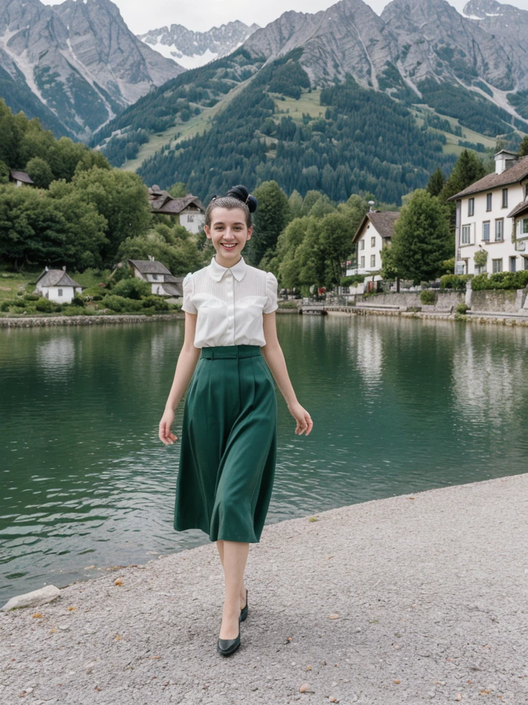 her name is Amelie, high quality, 1girl, ((25-year-old fit Caucasian woman)), ((25 years old)), ((BODY TYPE: HOURGLASS)), ((Space Buns HAIR)), SMILING, pose: STANDING, wearing IN DEMAND FANCY Generation-Z modern wear VARIETY colored, BACKGROUND: "Strolling through the idyllic lakeside village with its picturesque alpine backdrop and charming historic houses."