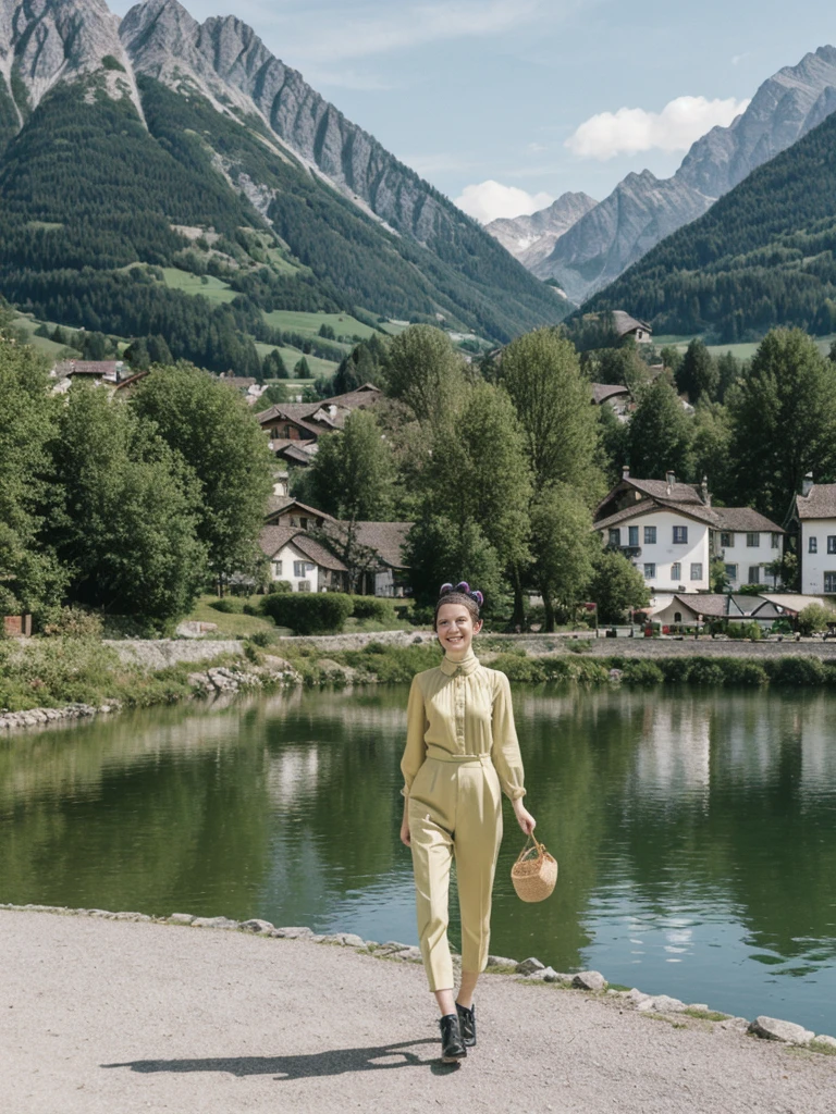 her name is Amelie, high quality, 1girl, ((25-year-old fit Caucasian woman)), ((25 years old)), ((BODY TYPE: HOURGLASS)), ((Space Buns HAIR)), SMILING, pose: STANDING, wearing IN DEMAND FANCY Generation-Z modern wear VARIETY colored, BACKGROUND: "Strolling through the idyllic lakeside village with its picturesque alpine backdrop and charming historic houses."