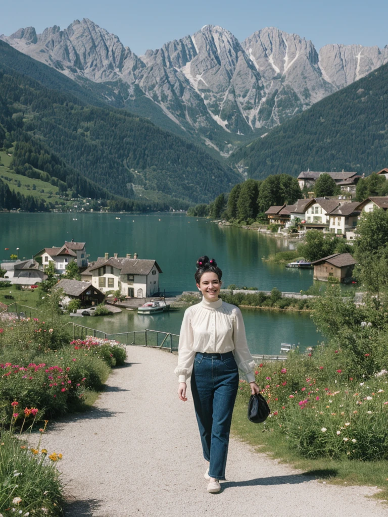 her name is Amelie, high quality, 1girl, ((25-year-old fit Caucasian woman)), ((25 years old)), ((BODY TYPE: HOURGLASS)), ((Space Buns HAIR)), SMILING, pose: STANDING, wearing IN DEMAND FANCY Generation-Z modern wear VARIETY colored, BACKGROUND: "Strolling through the idyllic lakeside village with its picturesque alpine backdrop and charming historic houses."