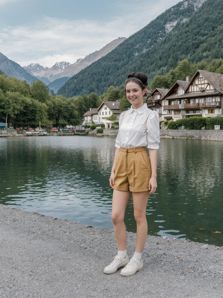 her name is Amelie, high quality, 1girl, ((25-year-old fit Caucasian woman)), ((25 years old)), ((BODY TYPE: HOURGLASS)), ((Space Buns HAIR)), SMILING, pose: STANDING, wearing IN DEMAND FANCY Generation-Z modern wear VARIETY colored, BACKGROUND: "Strolling through the idyllic lakeside village with its picturesque alpine backdrop and charming historic houses."