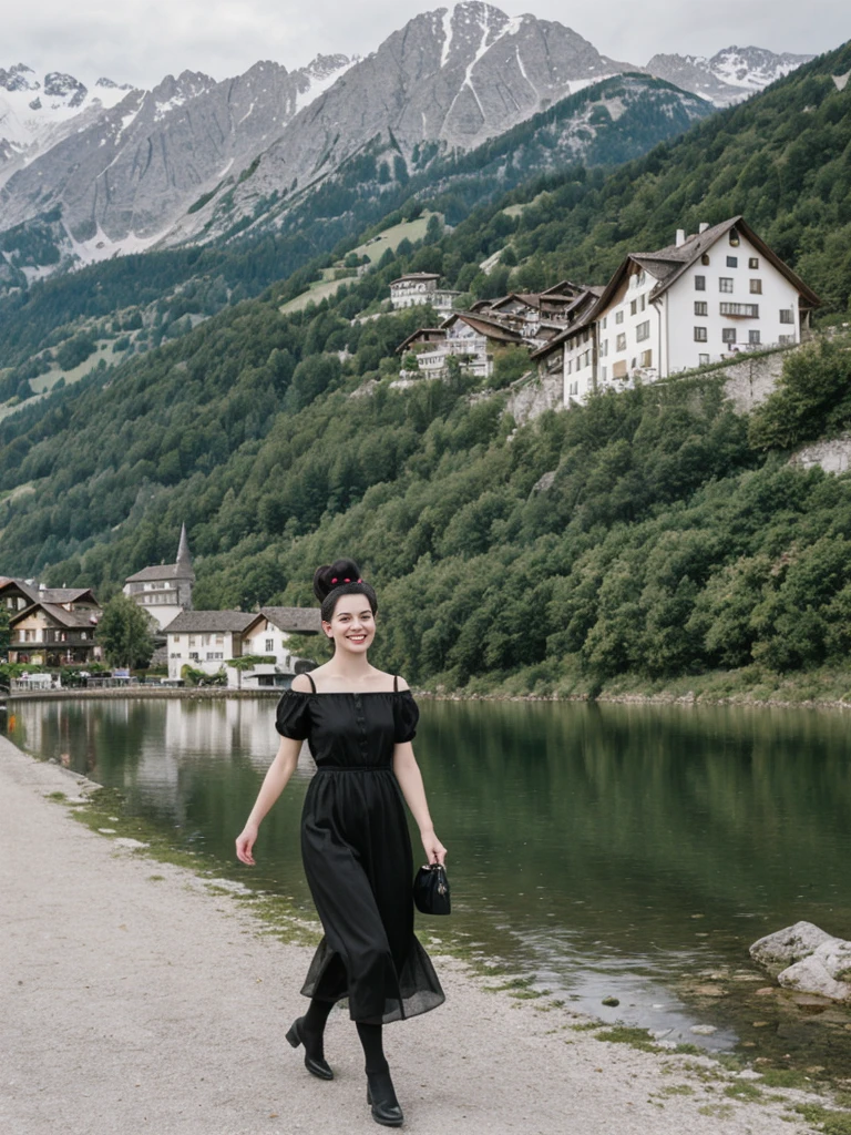 her name is Amelie, high quality, 1girl, ((25-year-old fit Caucasian woman)), ((25 years old)), ((BODY TYPE: HOURGLASS)), ((Space Buns HAIR)), SMILING, pose: STANDING, wearing IN DEMAND FANCY Generation-Z modern wear VARIETY colored, BACKGROUND: "Strolling through the idyllic lakeside village with its picturesque alpine backdrop and charming historic houses."