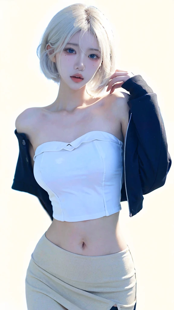 Beautiful woman with perfect figure:1.4,Ultra-high resolution,White background,(lifelike:1.4),Layered Hairstyle,White skin,Bikini:1.5,Super short pleated skirt,whole body,Very delicate face and skin texture,Double eyelids,Skin Whitening,short hair,White hair