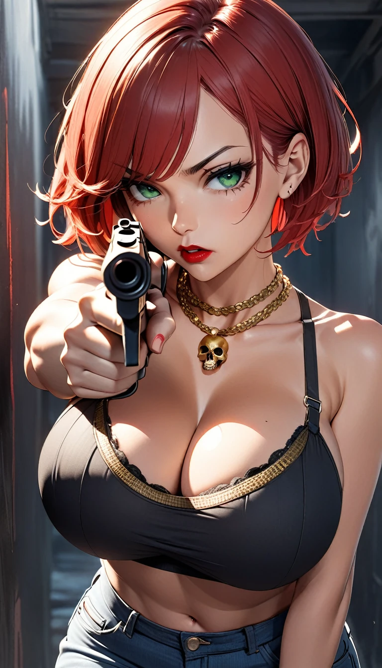 beautiful woman, ((caucasian skin)), red hair, short hair, threatening, serious, ((pointing gun to camera)), red lipstick, black bra, jeans, green eyes, slender body, gold neck chain with skull, busty, posing sideways