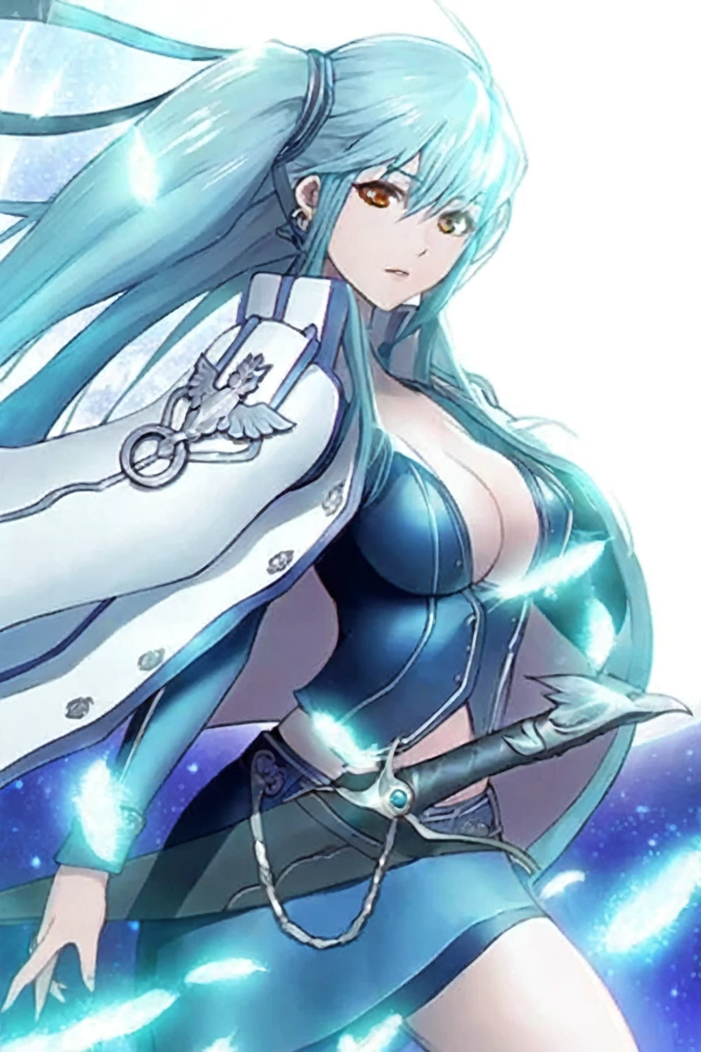 Anime girl with long blue hair and a sword in her hand, ice wizard, portrait knight of the zodiac girl, white haired god, Frozen blue skin, anime goddess, the truth of the matter, white turquoise, Beautiful seductive anime woman, RIMURU tempest, full body xianxia, Detailed main animation art, knight of the zodiac girl, HD artwork