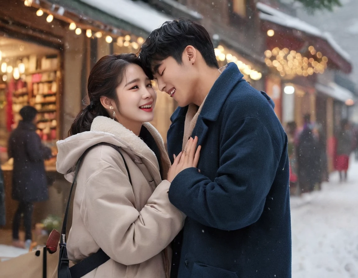 Romantic K-Drama photography style, korean,best quality,8K,high resolution,Very detailed,very clearly,Snowy Days,Commercial Street,(Many fashionable boys and girls are shopping),(Warm and lively atmosphere), Delicate texture,Smooth visible velvet,Wear pearl jewelry,High-end decoration,The male and female protagonists hugs,People around cheered and applauded