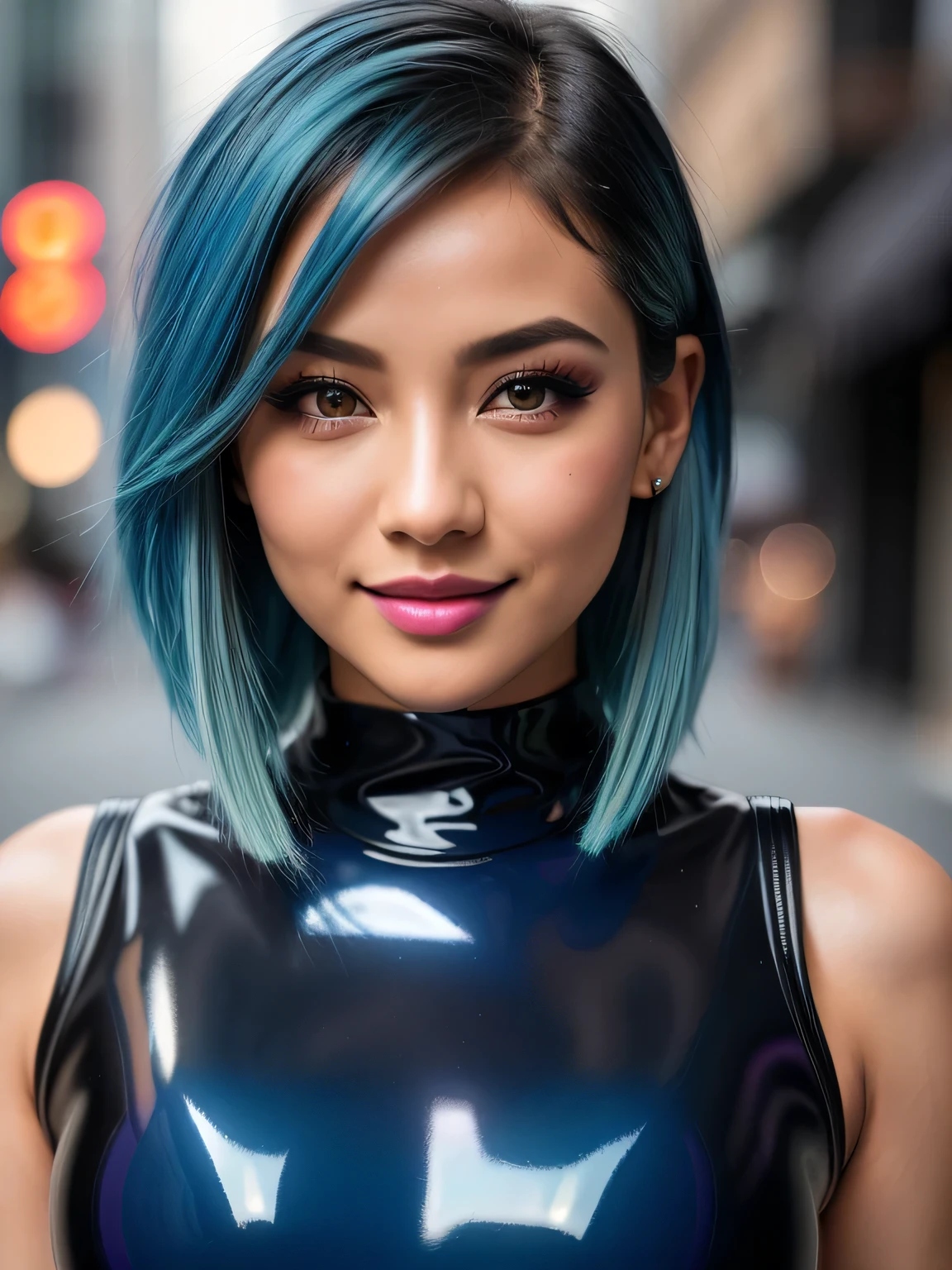 (blue hair:1.4), short hair, realistic green eyes, cobalt hair, long bob hair, tousled hair, shoulder length hair, Full body, woman with white skin and Asian features, 24 year old, big breast. She has a small, elegant nose with a slight upward curve at the tip. Her lips are full and naturally pink, with a well-defined Cupid's bow. Her teeth are straight and white, enhancing her captivating smile. Her face has an oval shape with high cheekbones that add to her model-like appearance. highly detailed glowing eyes, specular light, extreme quality, crystal clear, cute face, detailed skin pores, oil Dark skin, brown, complex eye details, 8K, (best quality, 4k ,8k, highres, masterpiece:1.2), ultra-detailed, (realistic, photorealistic, photo-realistic:1.37), sexy stylish Swedish model, (big smile), peaches fruits, gyaru, lip-gloss, eyeliner, vivid eyeshadow, full body Esbian, (((sheer latex tight mini dress（neon black and neon purple)))), colorful highlights,  sweet and sexy, seductive look ,conceptual art, High quality, Realistic, extremely detailed CG unified 8k wallpaper, highly detailed, High-definition raw color photos, professional photography, Realistic portrait, Cinematic Light, ultra details, (((Bokeh))), depth of fields, illumination, ultra detailed neon street background

, (full body photo:1.3), (short hair:1.2), (short hair:1.3), (short hair:1)