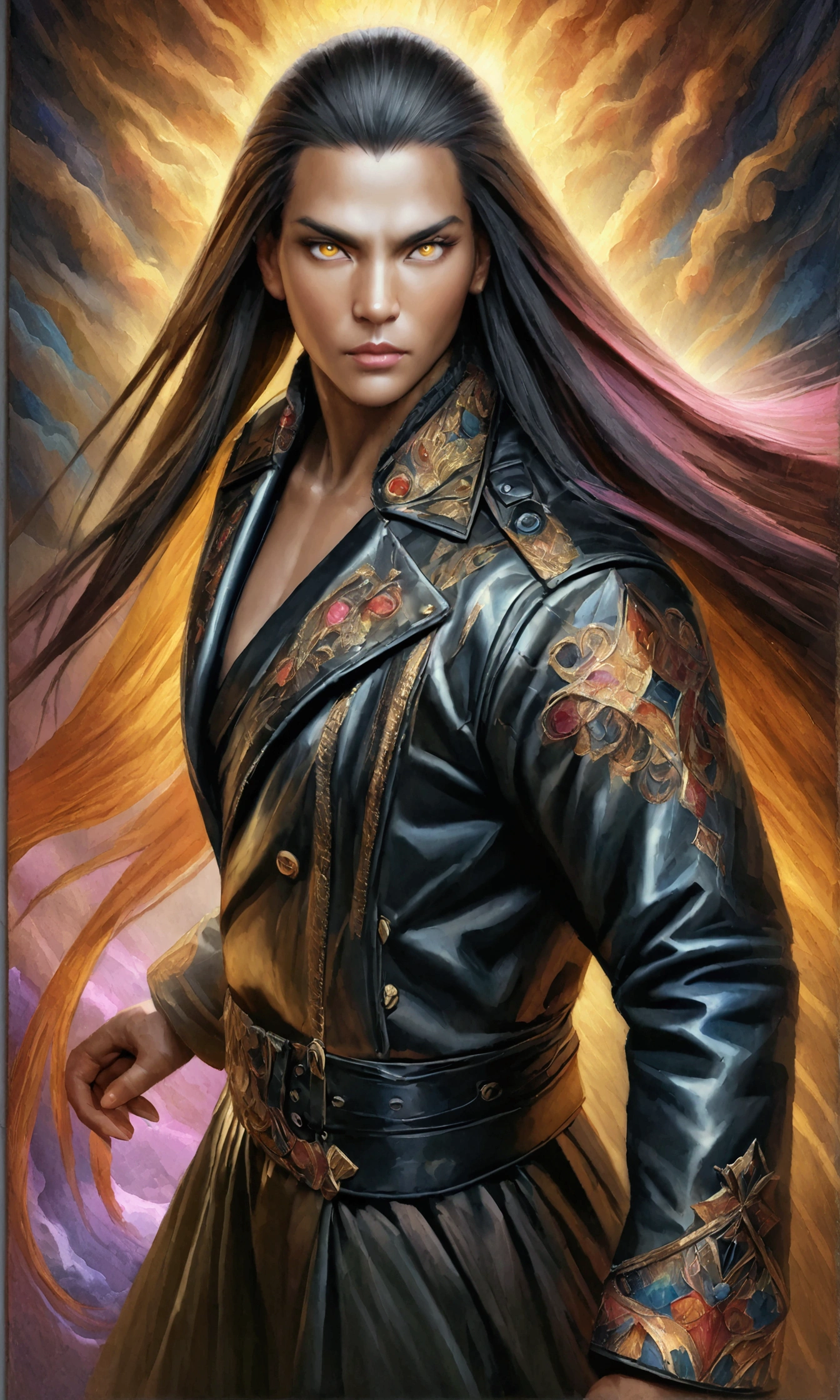 a beautiful detailed anime style man with long dark skin, striking yellow eyes, a black leather jacket, long straight hair, colorful digital painting, photorealistic, 8k, high quality, vibrant colors, dramatic lighting, intricate details, dramatic pose