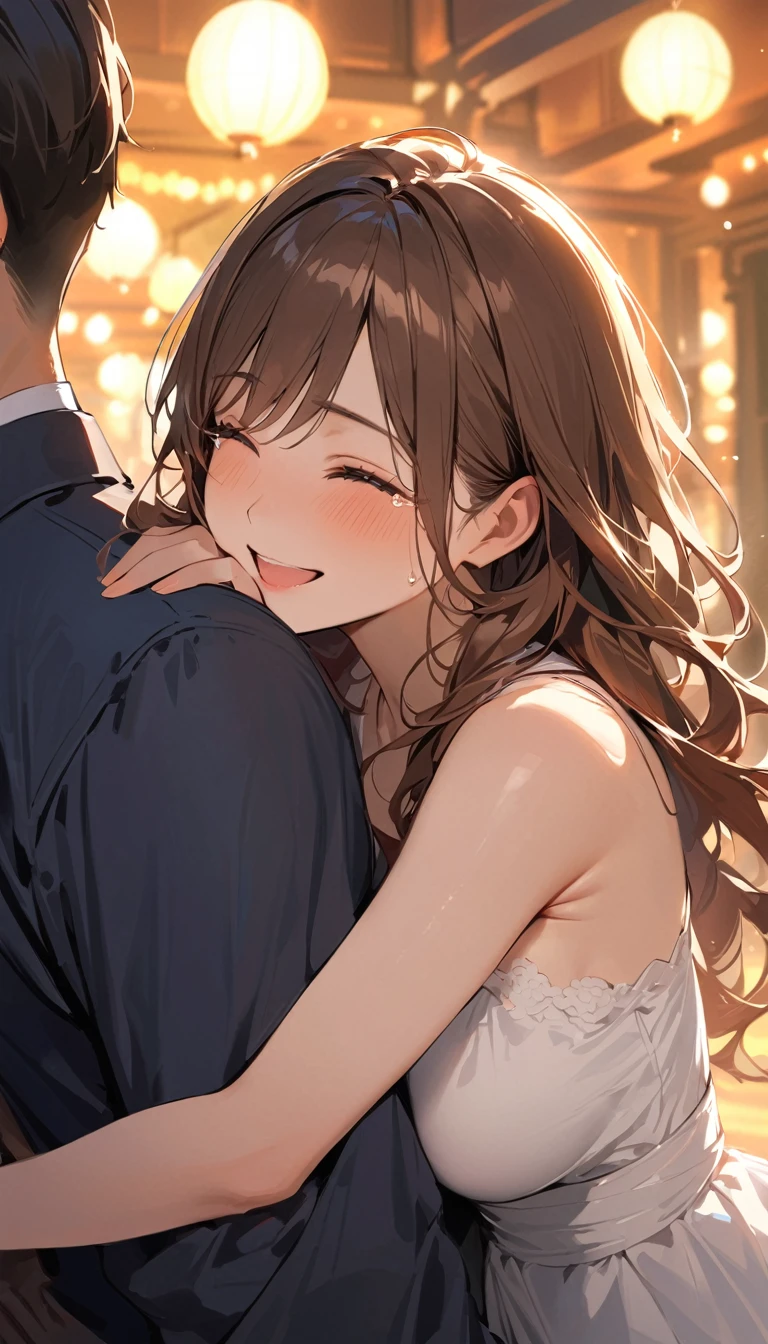 masterpiece, detail, best quality, A woman with brown hair, semi-long,Hugging a man, smile, tears of gratitude, Happy atmosphere, evening