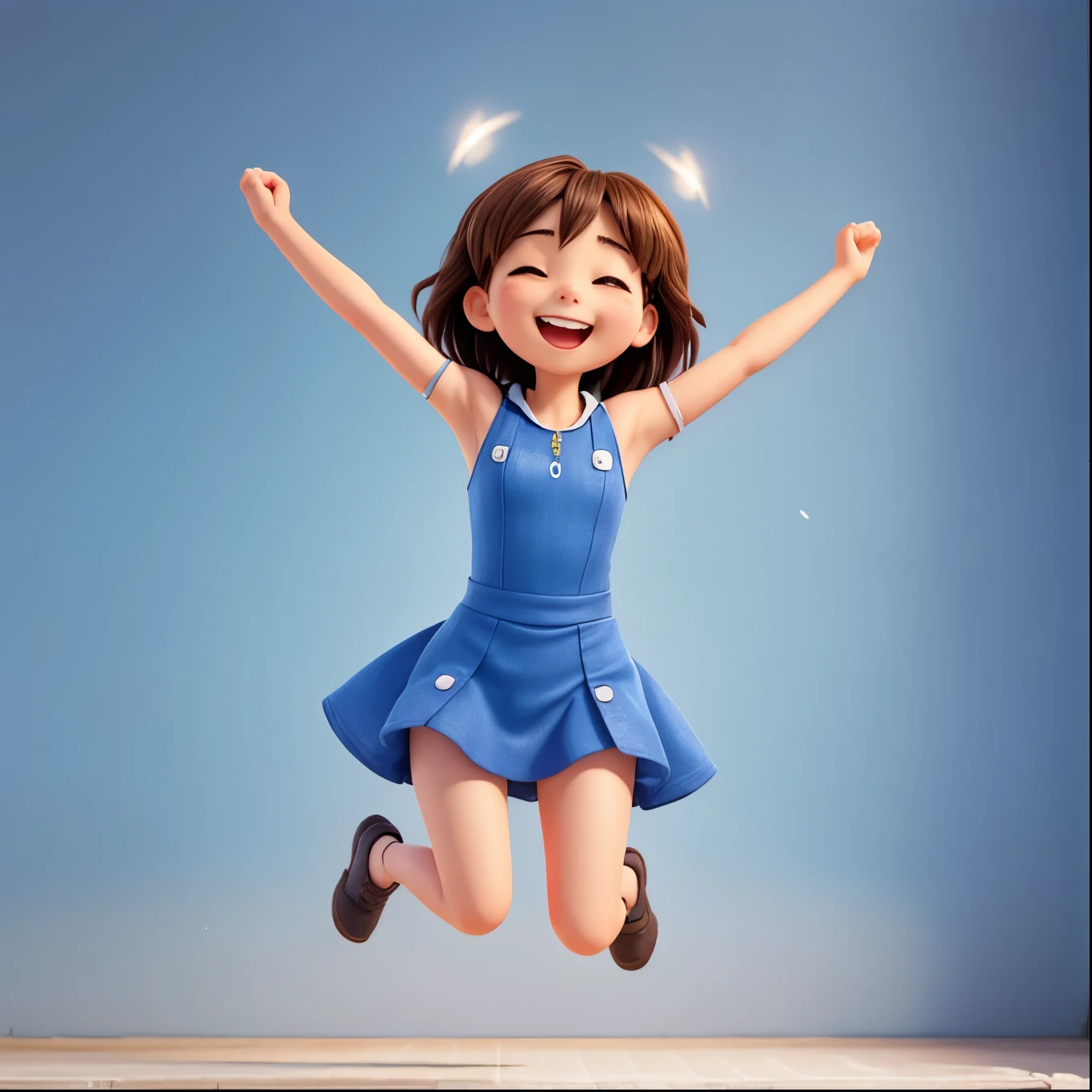 A jumping with her hands raised in joy、whole body、Smiling with eyes closed