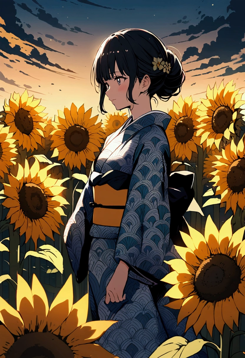 Standing in a sunflower field A girl wearing a beautifully patterned kimono Anime Style