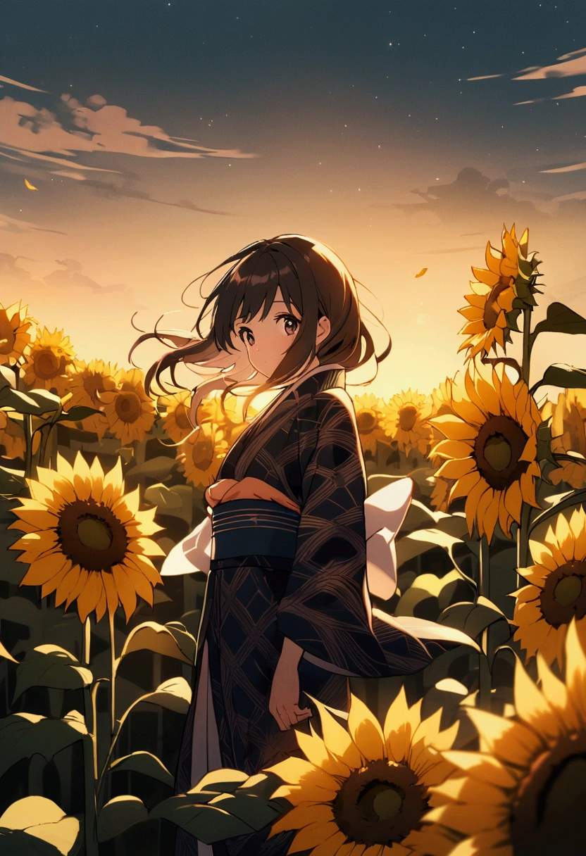 Standing in a sunflower field A girl wearing a beautifully patterned kimono Anime Style