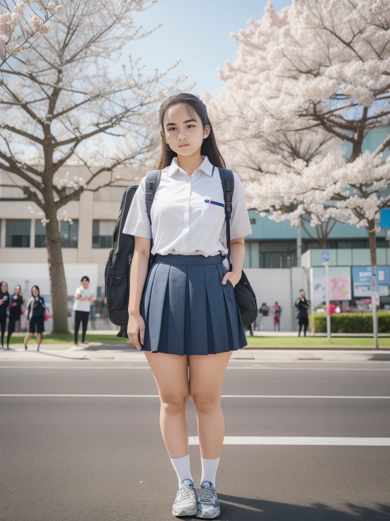 1girl, solo, (Indonesian_high_school_uniform), (ultra wide angle shot: 1.4), beautiful scenery, detailed face, beautiful eyes, thick breasts, beautiful long hair, slim body, smooth realistic skin, tight short sleeve white shirt, grey-blue tight miniskirt, looking at the audience, low angle shot,(8k, RAW photo, best quality, masterpiece: 1.2), (realistic, realistic: 1.37), ultra-high resolution, super detailed, Cherry blossoms falling in the background,In front of a pedestrian crossing,A girl standing upright with her legs shoulder-width apart, Beautiful face in every detail, ideal skin, gentle expression, Front view, angle from below, realistic, cute, Crouch deep in the city, whole body, collared shirt,put the backpack aside