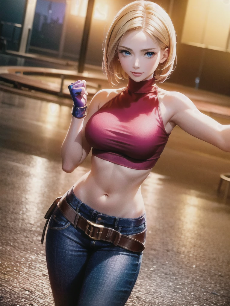 (at night), in a video game scene, a background of a beautiful city at night, raining, alone, standing at attention, red top, blue joggers, blue fingerless gloves, large brown belt hanging from her waist (( blonde hair)), 1 girl, alone, 20 years old, young woman, perfect hands, beautiful fingers, beautiful long legs, beautiful body, beautiful nose, beautiful character design, perfect face, looking at viewer with serious gesture (focusing on his face), closed mouth, Light_Smile, official art, extremely detailed CG unity 8k wallpaper, perfect lighting, bright and colorful front lighting, glowing skin (masterpiece: 1.0), (best_quality: 1.0), ultra high resolution, 4K, ultra detailed photography, 8K, HDR, high resolution, absurd:1.2, Kodak portra 400, film grain, blurred background, bokeh:1.2, lens flare, (vibrant_color:1.2), professional photography, (Beautiful, breasts: 1.4), (beautiful_face: 1.5), (narrow waist),
