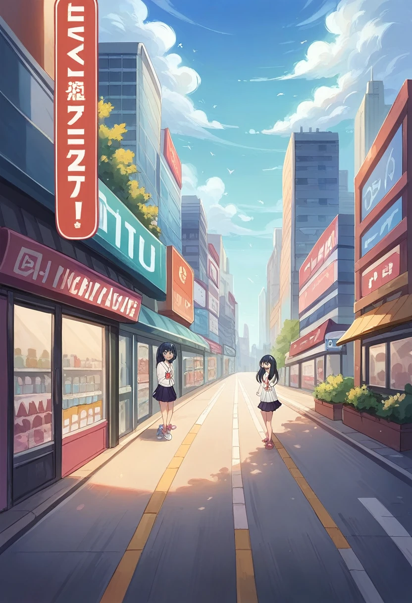 1 gilr, rikka takarada,dynamic pose,sitting, guiderail, sidewalk, building, cityscape, convenience store front, takarada rikka, blue eyes, black hair, long hair, bangs,(extremely detailed CG unity 8k wallpaper),(masterpiece),(best quality),(ultra-detailed),(best illustration),(best shadow),(absurdres),