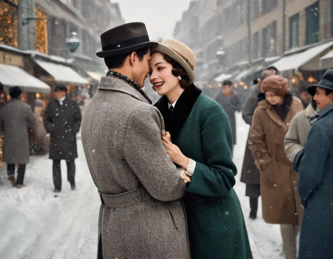 Vintage photography style, Art Deco,best quality,8K,high resolution,Very detailed,very clearly,Snowy Days,Commercial Street,(Many fashionable boys and girls are shopping),(Warm and lively atmosphere), Delicate texture,Smooth visible velvet,Wear pearl jewelry,High-end decoration,The male and female protagonists hugs,People around cheered and applauded