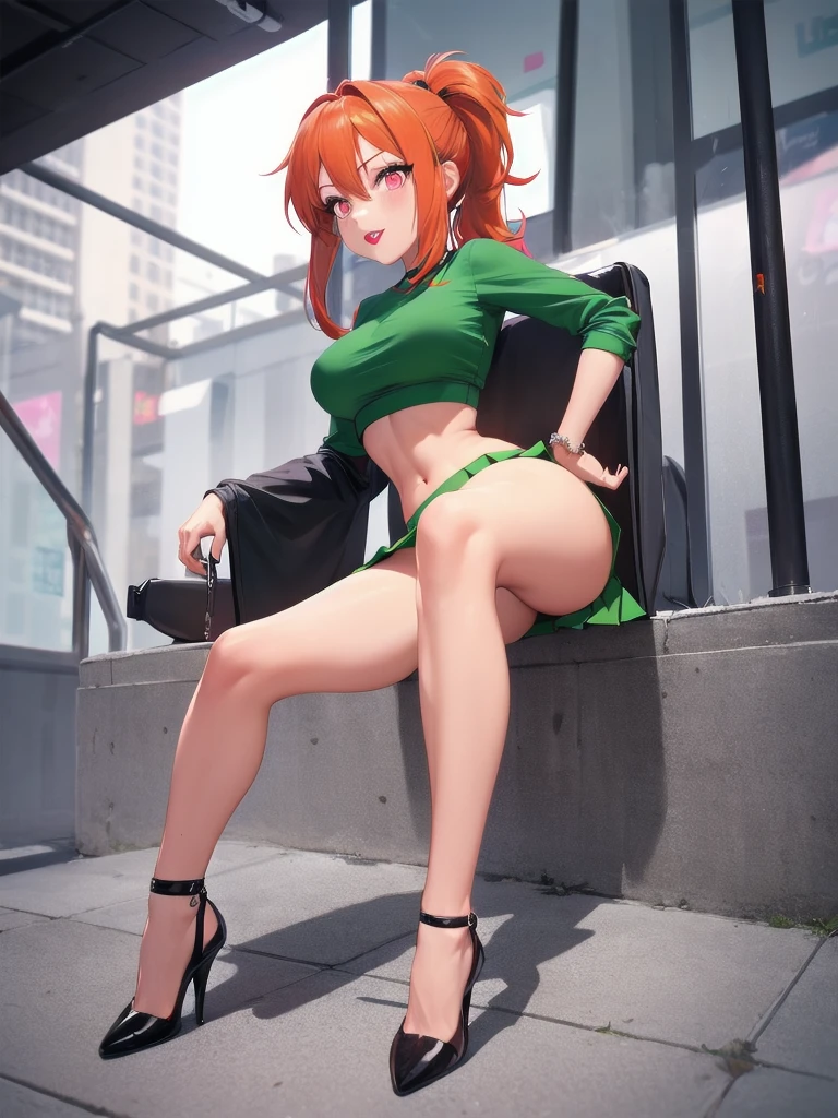  wide hips, thighs, Vicky, ponytail, lipstick, midriff, 1girl, green crop top, pink eyes, pleated mini skirt, orange hair ,solo girl, sitting, crossing legs, high heels