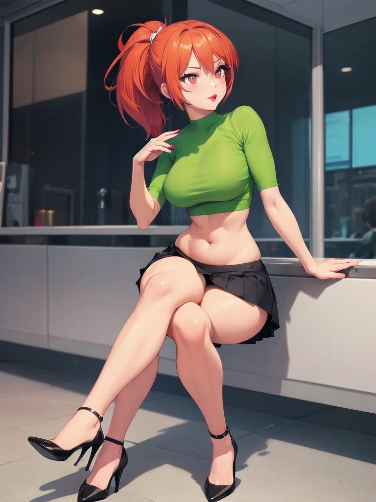  wide hips, thighs, Vicky, ponytail, lipstick, midriff, 1girl, green crop top, pink eyes, pleated mini skirt, orange hair ,solo girl, sitting, crossing legs, high heels