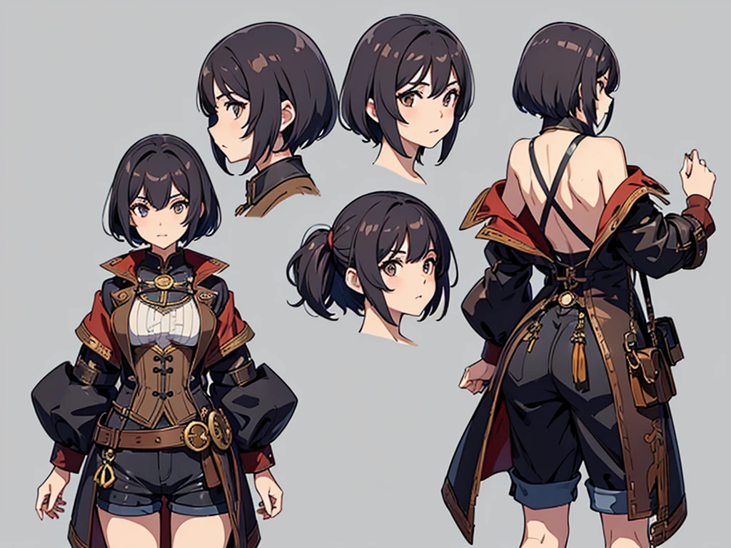 (((三面figure, frontfigure, 側面figure, Back view, Multiple Views, Various poses and expressions, Many parts)), Concept Art, character Concept Art, Character Sheet, whole body, figure, (Simple Background, Gray background), one character, One girl, Fantasy art:1.1), Middle parted hair、short hair、Distant eyes、Big Mouth、Low Nose、front、steampunk、Shorts