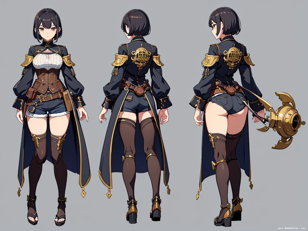 (((三面figure, frontfigure, 側面figure, Back view, Multiple Views, Various poses and expressions, Many parts)), Concept Art, character Concept Art, Character Sheet, whole body, figure, (Simple Background, Gray background), one character, One girl, Fantasy art:1.1), Middle parted hair、short hair、Distant eyes、Big Mouth、Low Nose、front、steampunk、Shorts