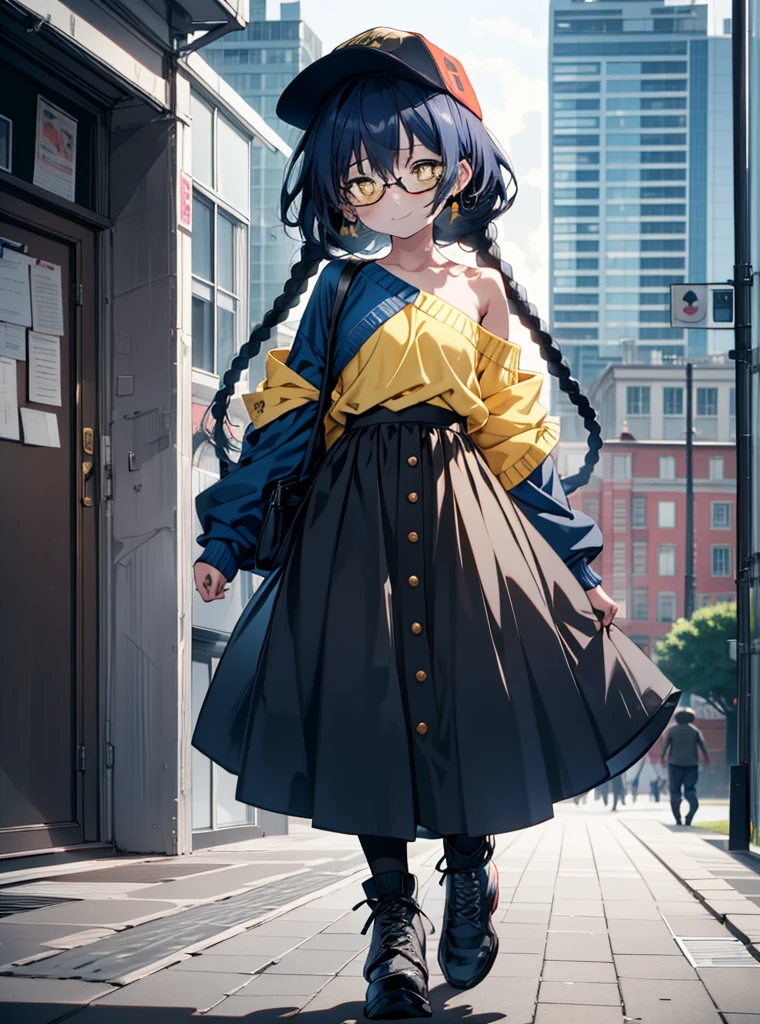 you like it, Umi Sonoda, Long Hair, Blue Hair, (Yellow Eyes:1.5) (Flat Chest:1.2),Blue one-shoulder sweater,Long skirt,Black Pantyhose,short boots,Baseball cap,Black-rimmed glasses,Long braids,smile,walk,morning,morning陽,The rising sun,On the way to school,whole bodyがイラストに入るように,
break looking at viewer,whole body,
break outdoors, station,
break (masterpiece:1.2), Highest quality, High resolution, unity 8k wallpaper, (shape:0.8), (Beautiful attention to detail:1.6), Highly detailed face, Perfect lighting, Extremely detailed CG, (Perfect hands, Perfect Anatomy),