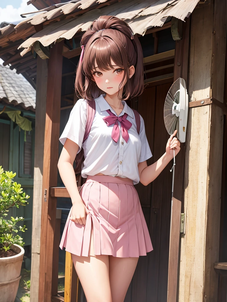 An old folk house. verandas. ((sideways))
(She pulls up her skirt and uses a fan to send wind to her pubic area.)
high school girl. uniforms. No bra
Cute pink panties for the lower body.
Brown hair. Hairstyle tied together with a string. 
I'm sweaty. Slender and big .