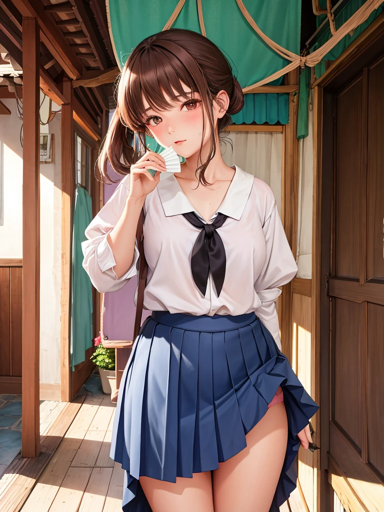 An old folk house. verandas. ((sideways))
(She pulls up her skirt and uses a fan to send wind to her pubic area.)
high school girl. uniforms. No bra
Cute pink panties for the lower body.
Brown hair. Hairstyle tied together with a string.
I'm sweaty. Slender and big .