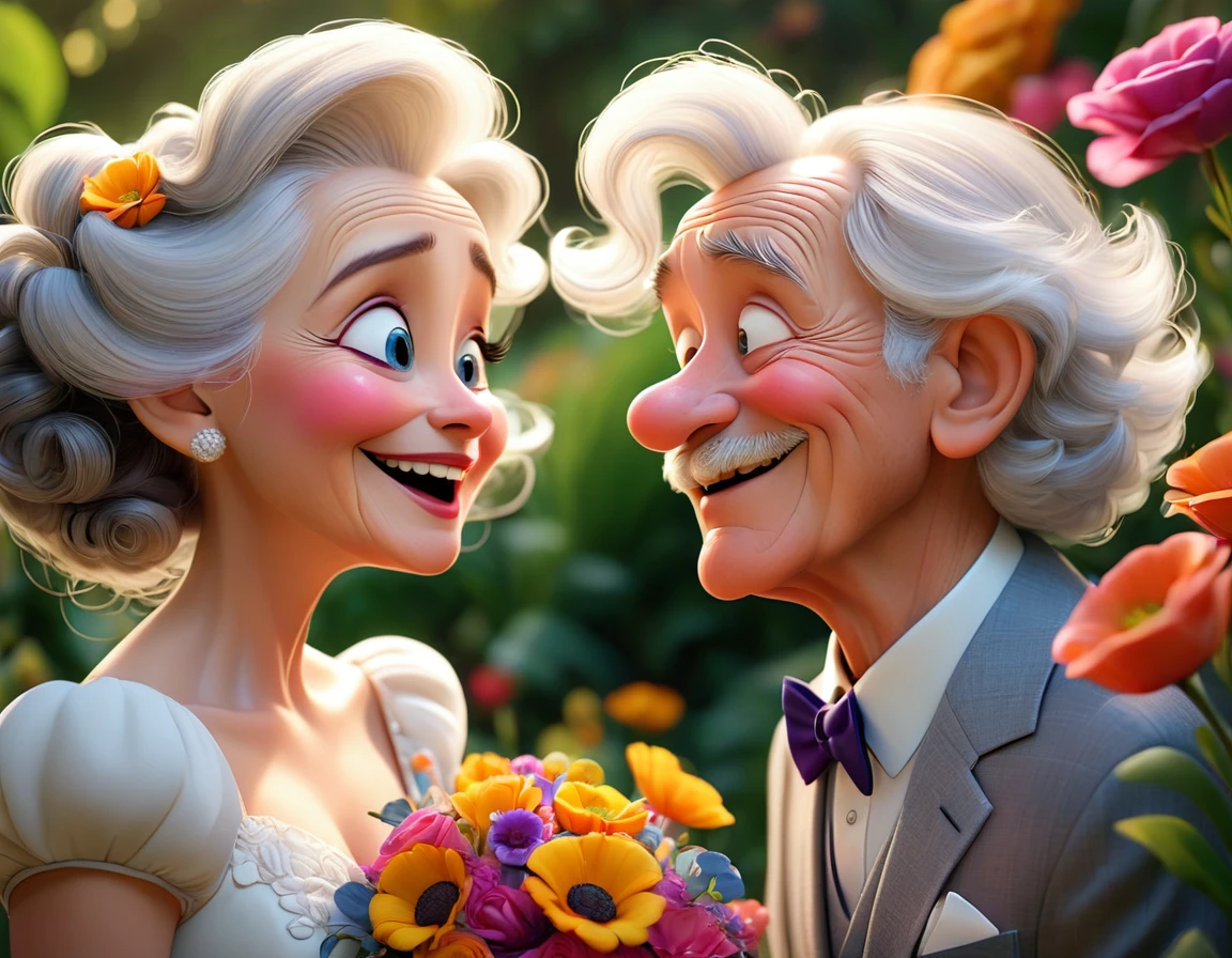 (best qualityer,4K,8k,high resolution,work of art:1.2),ultra detali,(realisitic,photorealisitic,photo-realisitic:1.37),Pixar-style:2,elderly couple wedding photo,Sincere emotions,happiness,Amemos,beautiful detailed eyes,beautiful detailed lips,Curly white hair,wrinkles,funny posture,soft lighting,happy expressions,colorful garden background,vibrant flowers flowing in the breeze,nostalgic,Eccentric,colorful costumes,prank,holding hands,looking into each other's eyes,Laughter,eternally young spirit,playful expressions,delicate brushwork,bright and cheerful color palette,golden sunset,lasting Amemos,cherished memories,unconditional support,creative composition,Artistic Excellence,heartwarming moment
