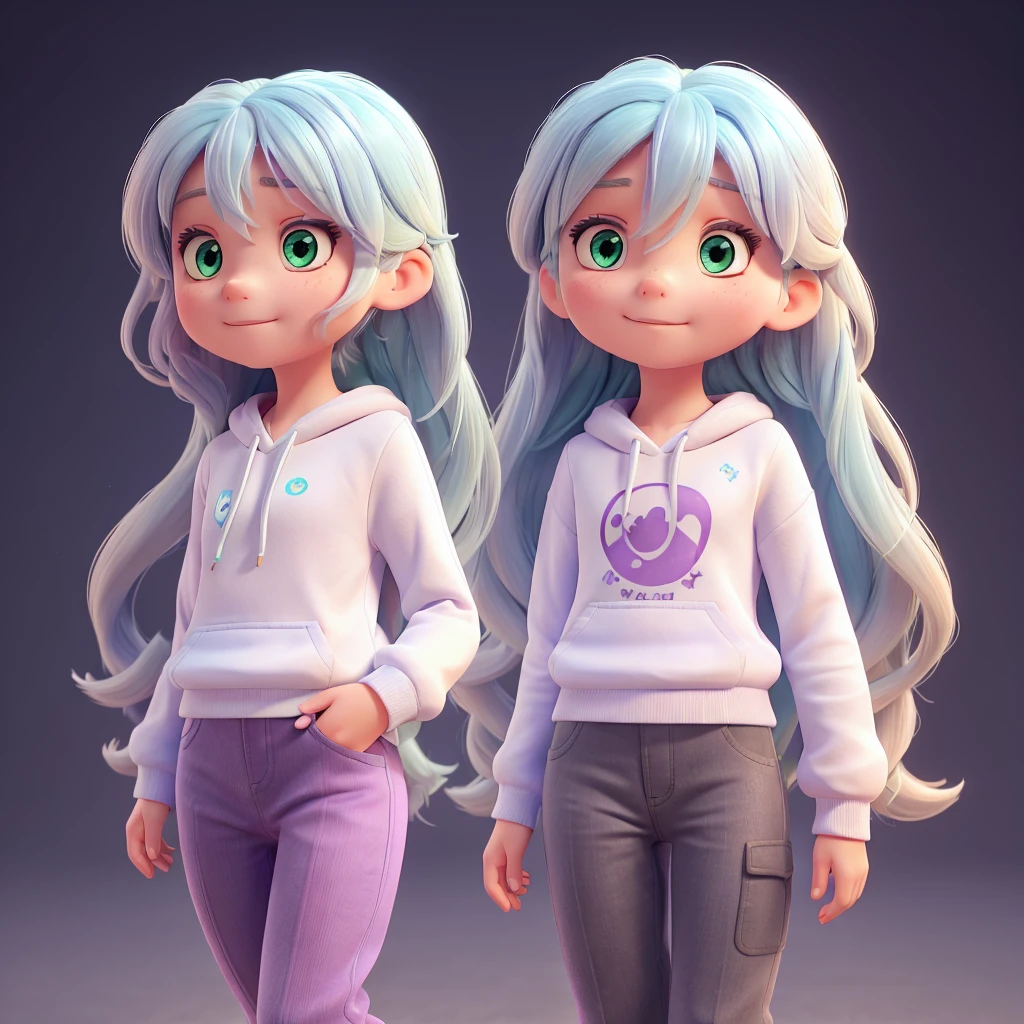 A 6 year old girl, Named: Luna, with long light blue hair, greenish purple eyes, and white skin tone, With a normal personality, Wearing a white sweatshirt, and black pants.