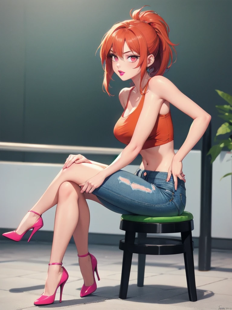  wide hips, thighs, Vicky, ponytail, lipstick, midriff, 1girl, green crop top, pink eyes, micro short denim, orange hair ,solo girl, sitting, crossing legs high heels