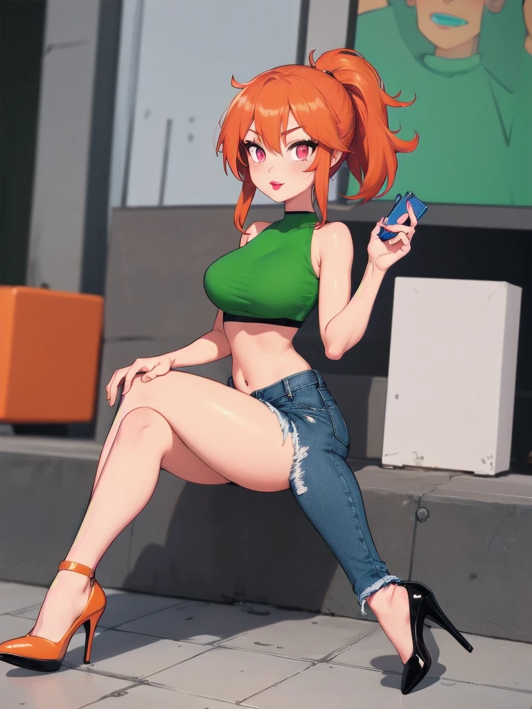  wide hips, thighs, Vicky, ponytail, lipstick, midriff, 1girl, green crop top, pink eyes, micro short denim, orange hair ,solo girl, sitting, crossing legs high heels